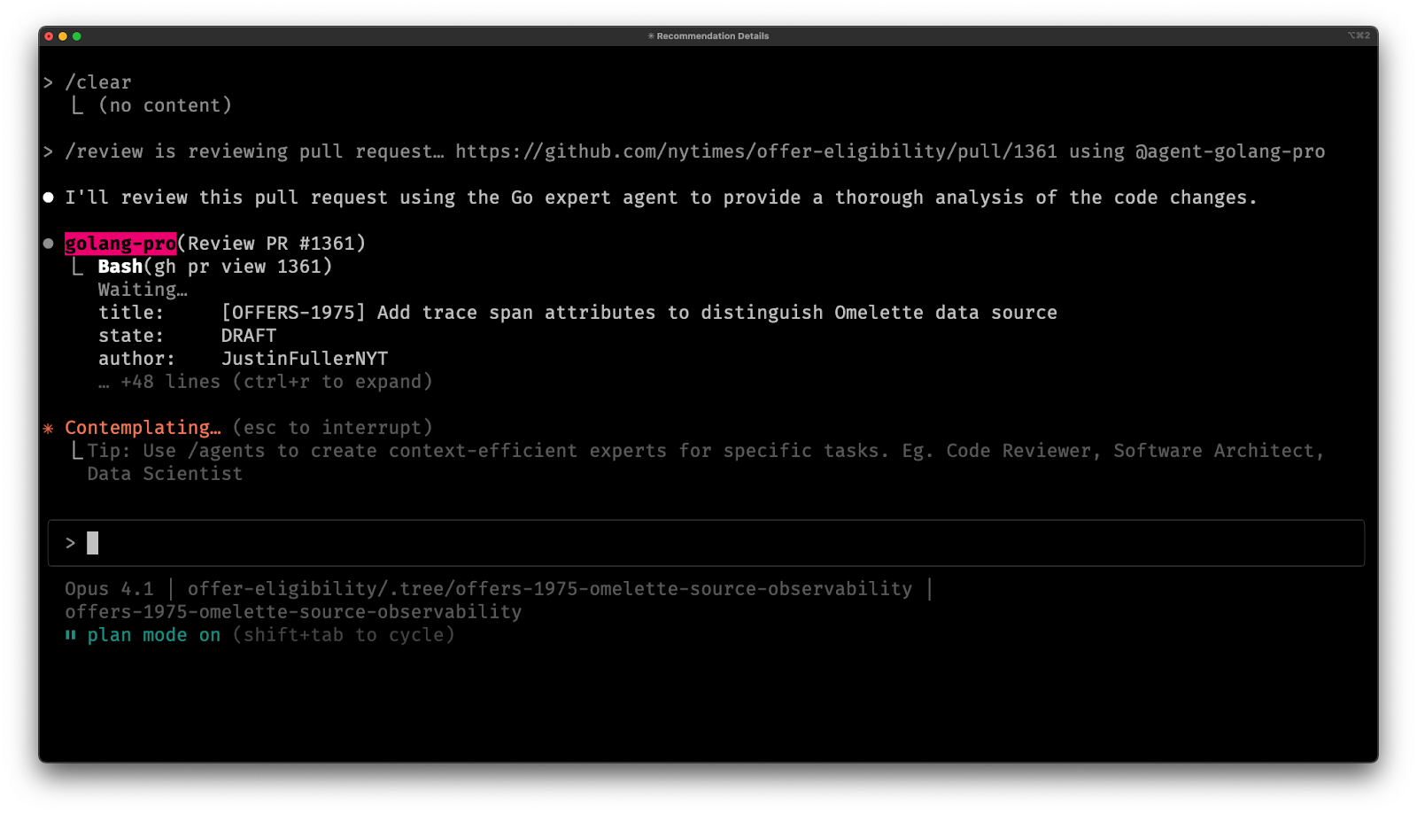 Running another code review with the golang-pro.