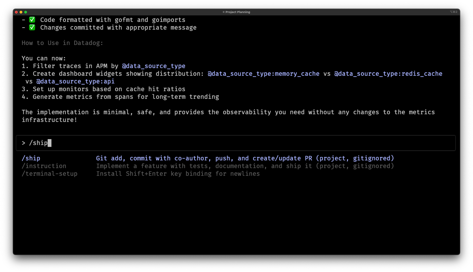 Running my custom /ship slash command.