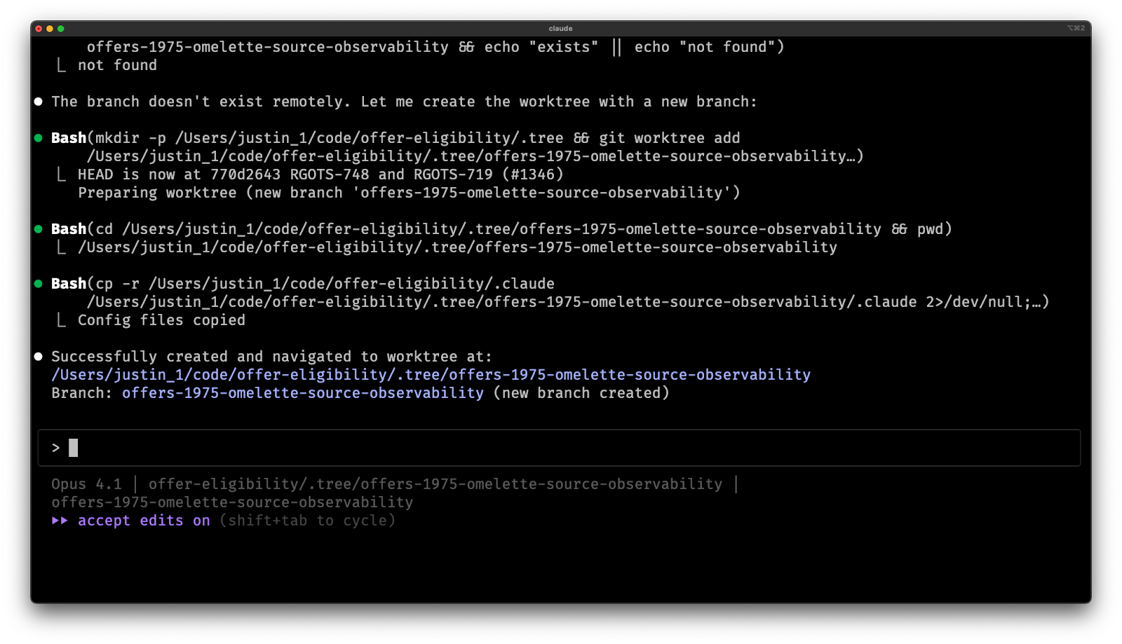 Claude creates the branch and worktree folder.